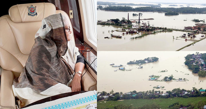 হেলিকপ্টার থেকে‘বিমর্ষচিত্তে’ প্রধানমন্ত্রী দেখলেন তলিয়ে যাওয়া জনপদ