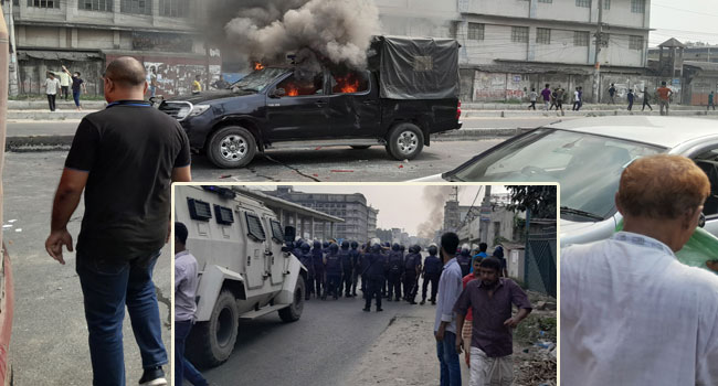 গাজীপুরে পুলিশ-শ্রমিক সংঘর্ষে রণক্ষেত্র মহাসড়ক, পিকআপে আগুন