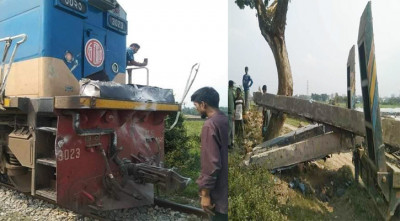 গার্ডারভর্তি লরি রেল লাইনে, পর্যটক এক্সপ্রেসের ইঞ্জিন ক্ষতিগ্রস্ত