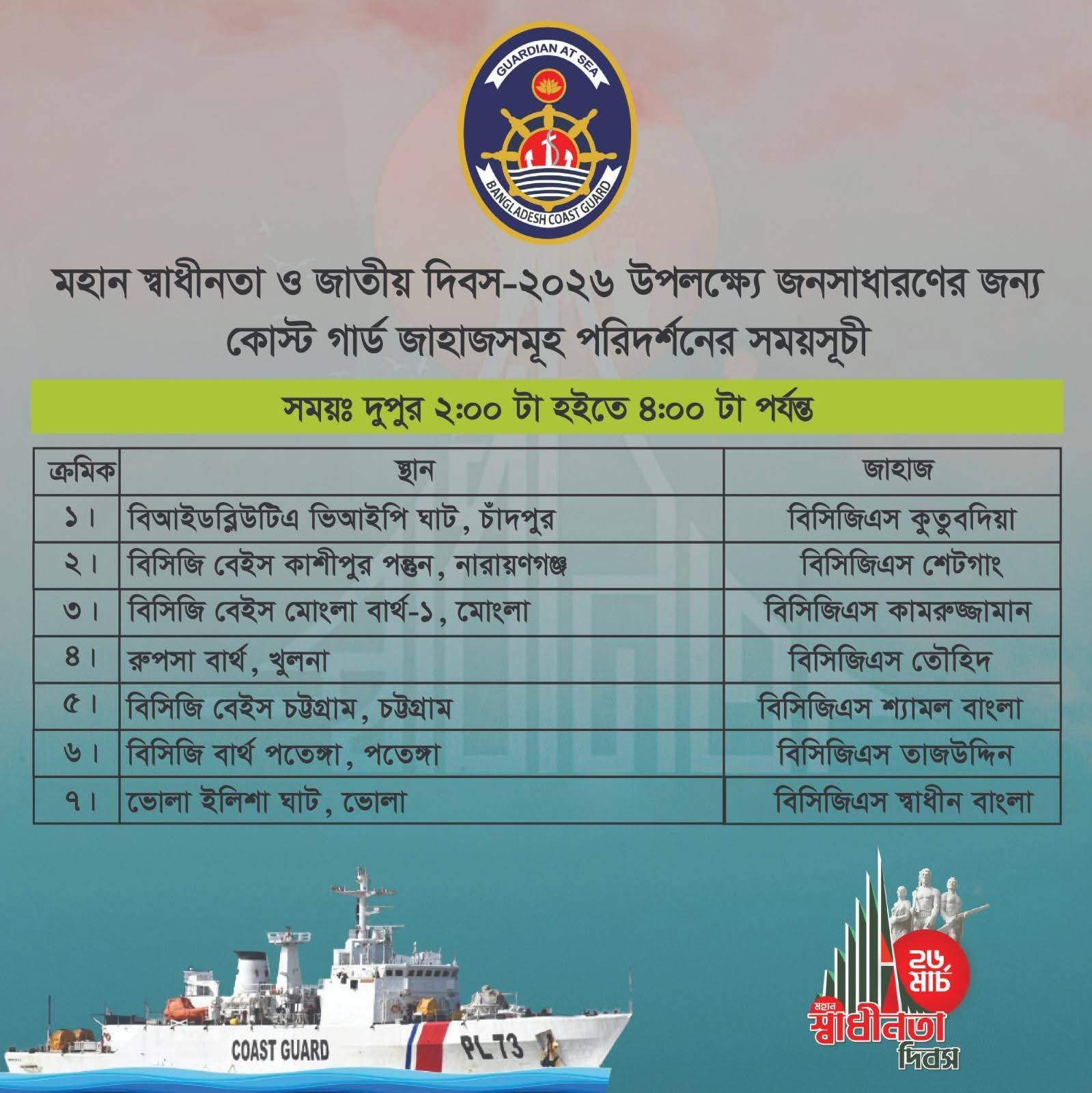 স্বাধীনতা দিবস উপলক্ষে জাহাজ পরিদর্শন সূচি জানাল কোস্ট গার্ড