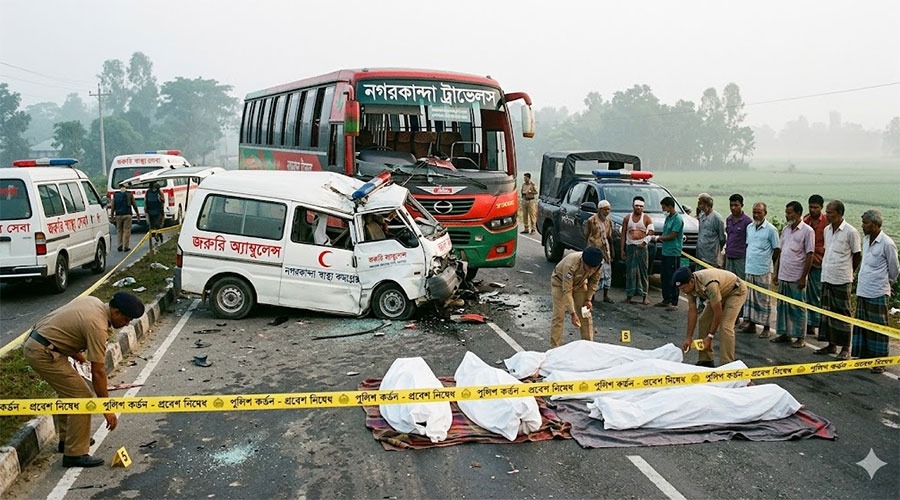 ফরিদপুরে বাস-অ্যাম্বুলেন্সের মুখোমুখি সংঘর্ষে নিহত ৫