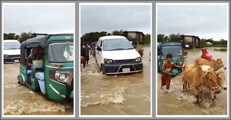 সুনামগঞ্জে ঢলের পানিতে ডুবে গেছে সড়ক